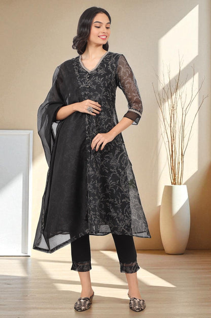 W for Woman Black Floral Printed Kota A-line Kurta, Pants and Dupatta Set