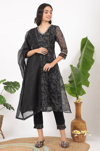 W for Woman Black Floral Printed Kota A-line Kurta, Pants and Dupatta Set