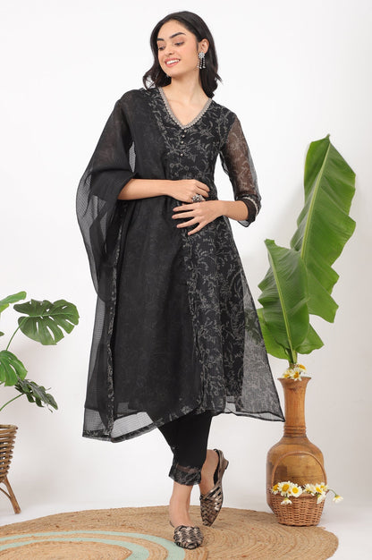 W for Woman Black Floral Printed Kota A-line Kurta, Pants and Dupatta Set