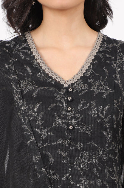 W for Woman Black Floral Printed Kota A-line Kurta, Pants and Dupatta Set