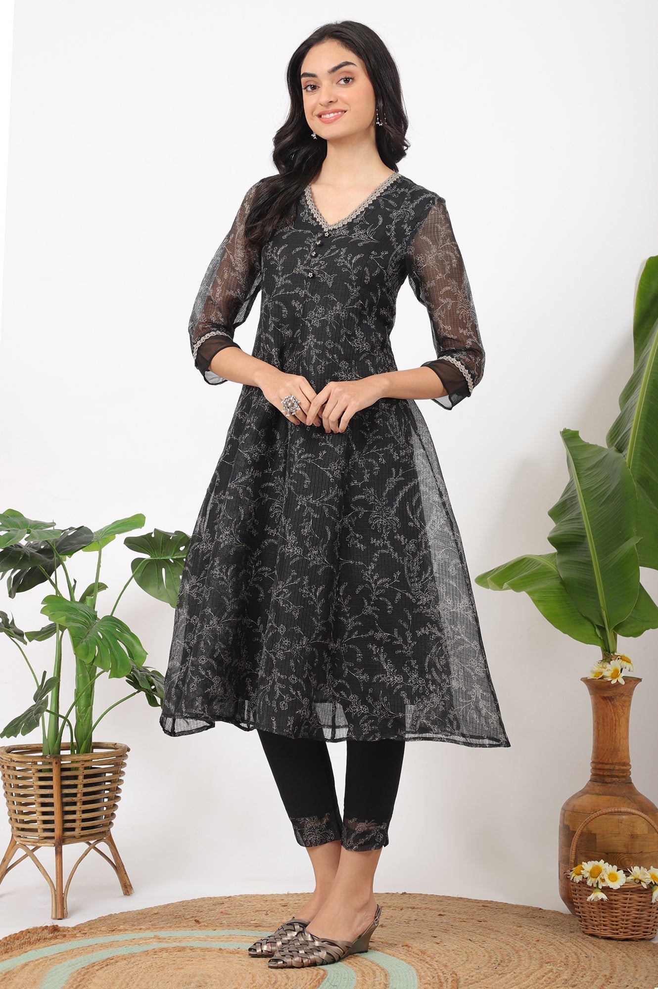 W for Woman Black Floral Printed Kota A-line Kurta, Pants and Dupatta Set
