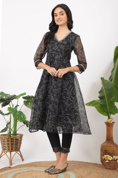 W for Woman Black Floral Printed Kota A-line Kurta, Pants and Dupatta Set