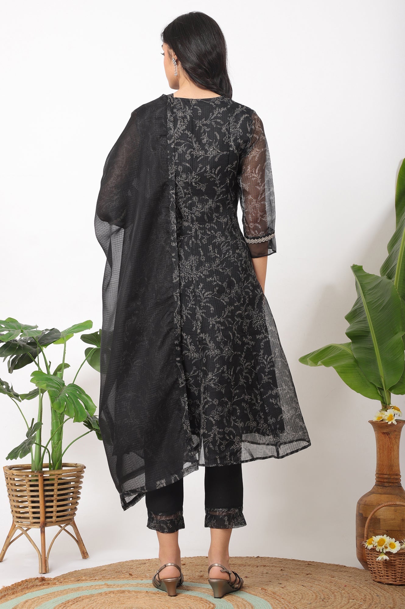 W for Woman Black Floral Printed Kota A-line Kurta, Pants and Dupatta Set