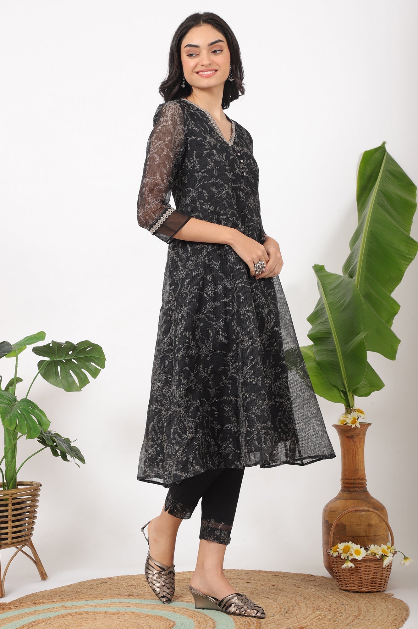 W for Woman Black Floral Printed Kota A-line Kurta, Pants and Dupatta Set