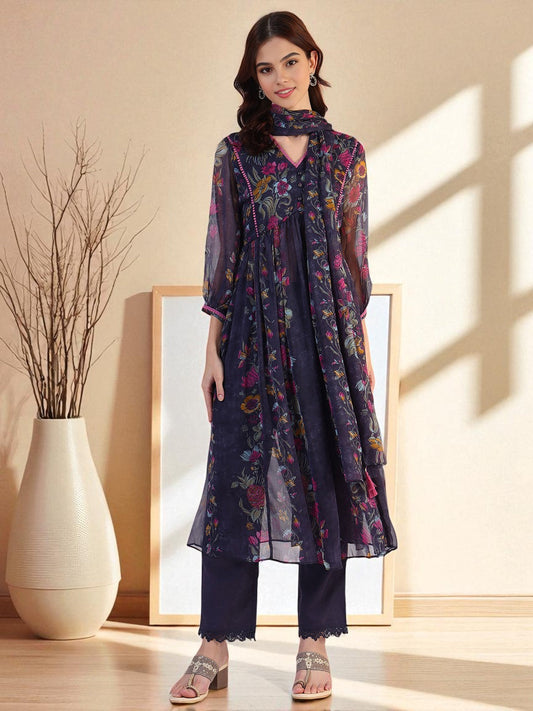 W for Woman Floral Printed Flared Sheer Kota Kurta & Straight Pant with Dupatta Set