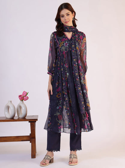 W for Woman Floral Printed Flared Sheer Kota Kurta & Straight Pant with Dupatta Set