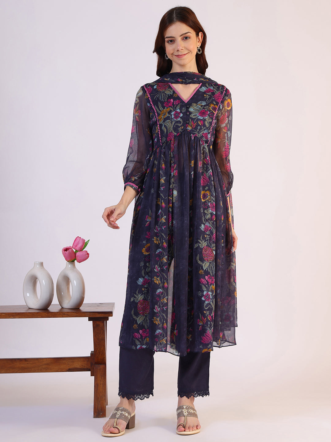 W for Woman Floral Printed Flared Sheer Kota Kurta & Straight Pant with Dupatta Set