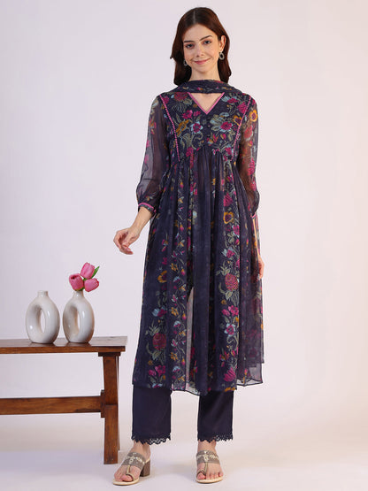 W for Woman Floral Printed Flared Sheer Kota Kurta & Straight Pant with Dupatta Set