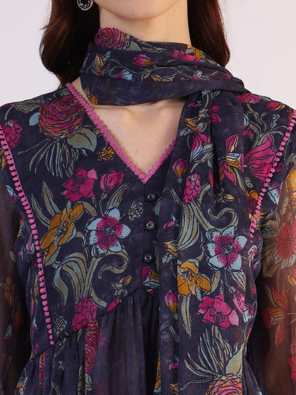 W for Woman Floral Printed Flared Sheer Kota Kurta & Straight Pant with Dupatta Set