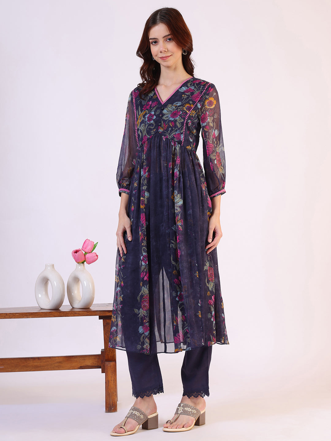 W for Woman Floral Printed Flared Sheer Kota Kurta & Straight Pant with Dupatta Set