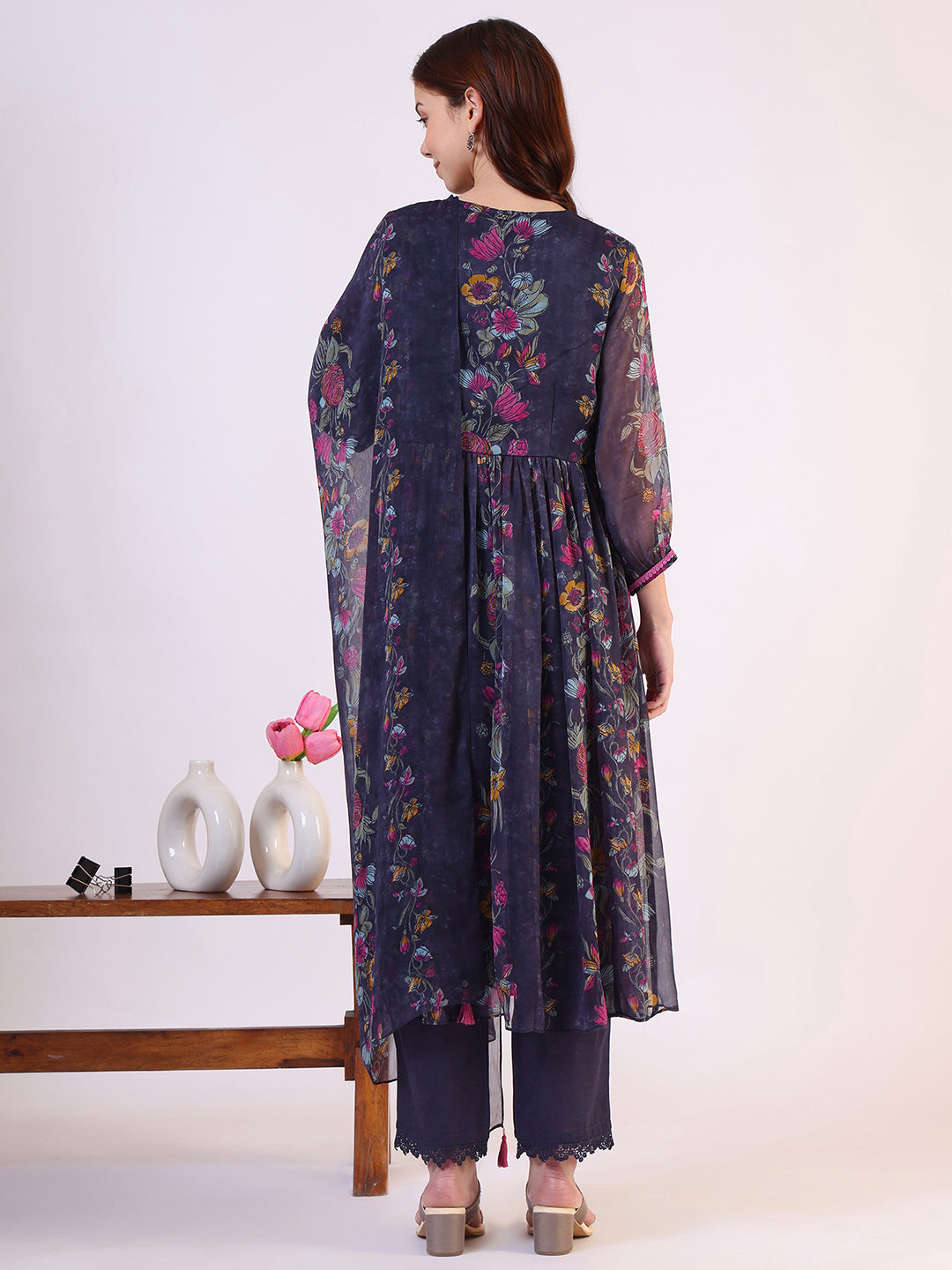 W for Woman Floral Printed Flared Sheer Kota Kurta & Straight Pant with Dupatta Set