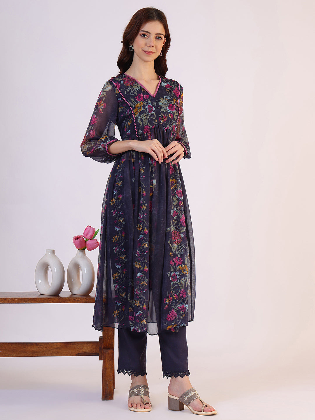 W for Woman Floral Printed Flared Sheer Kota Kurta & Straight Pant with Dupatta Set