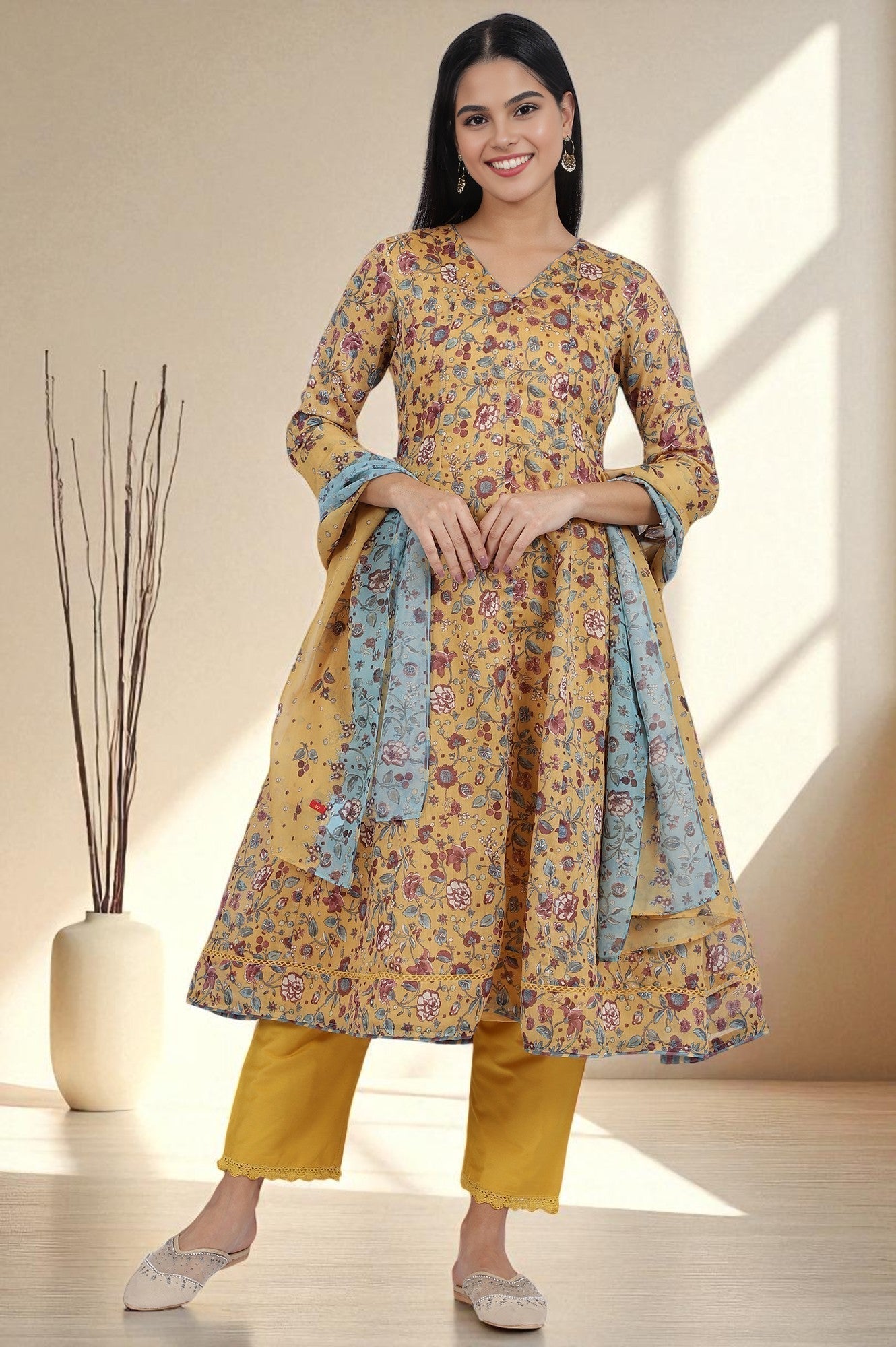 W for Woman Yellow Floral Printed Chanderi Anarkali Kurta and Pants Set with Dupatta