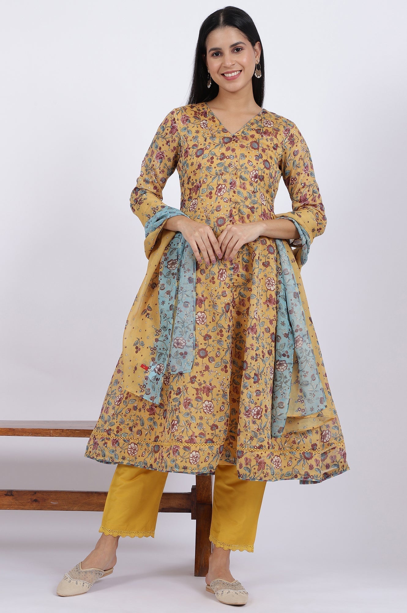 W for Woman Yellow Floral Printed Chanderi Anarkali Kurta and Pants Set with Dupatta