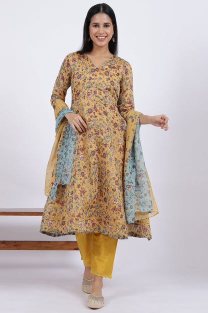 W for Woman Yellow Floral Printed Chanderi Anarkali Kurta and Pants Set with Dupatta
