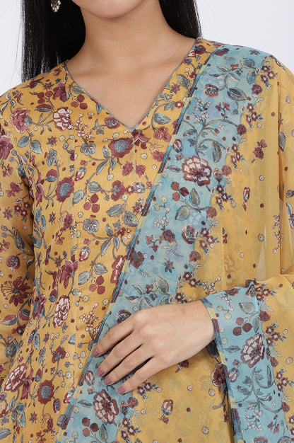 W for Woman Yellow Floral Printed Chanderi Anarkali Kurta and Pants Set with Dupatta