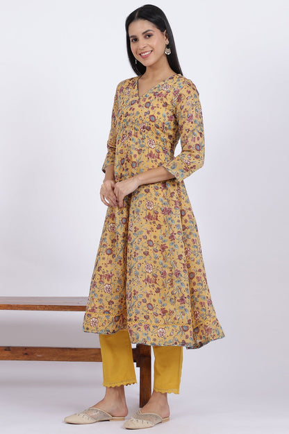 W for Woman Yellow Floral Printed Chanderi Anarkali Kurta and Pants Set with Dupatta