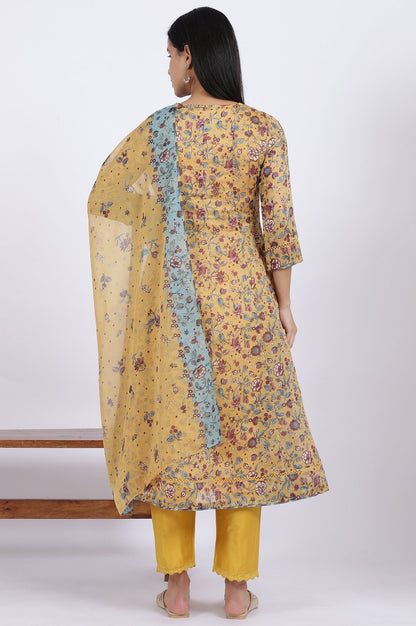 W for Woman Yellow Floral Printed Chanderi Anarkali Kurta and Pants Set with Dupatta