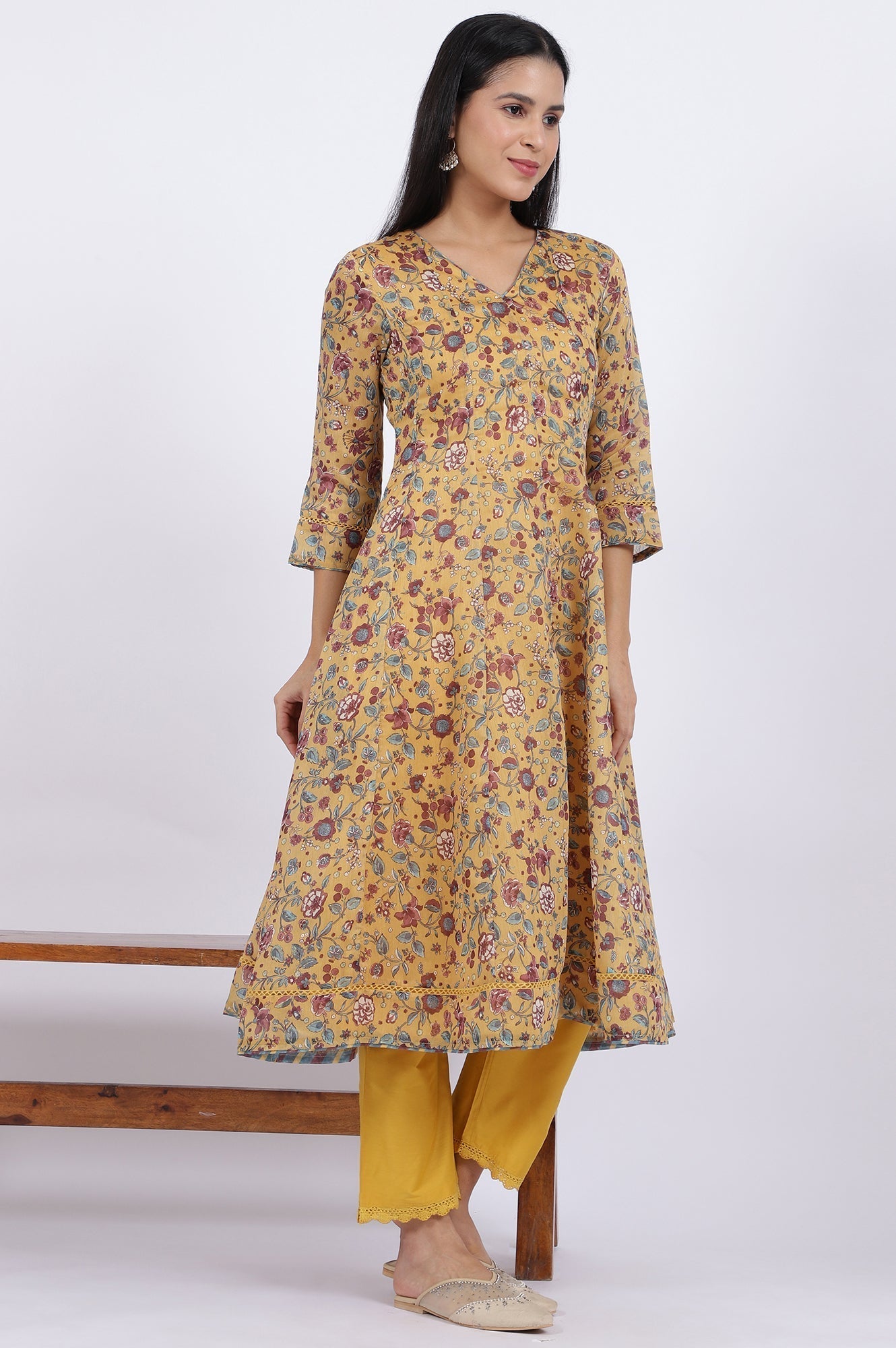 W for Woman Yellow Floral Printed Chanderi Anarkali Kurta and Pants Set with Dupatta
