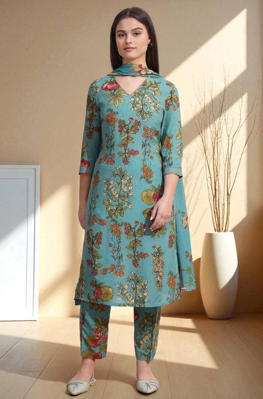 W for Woman Reef Blue Floral Printed Modal Straight Kurta, Pants and Dupatta Set