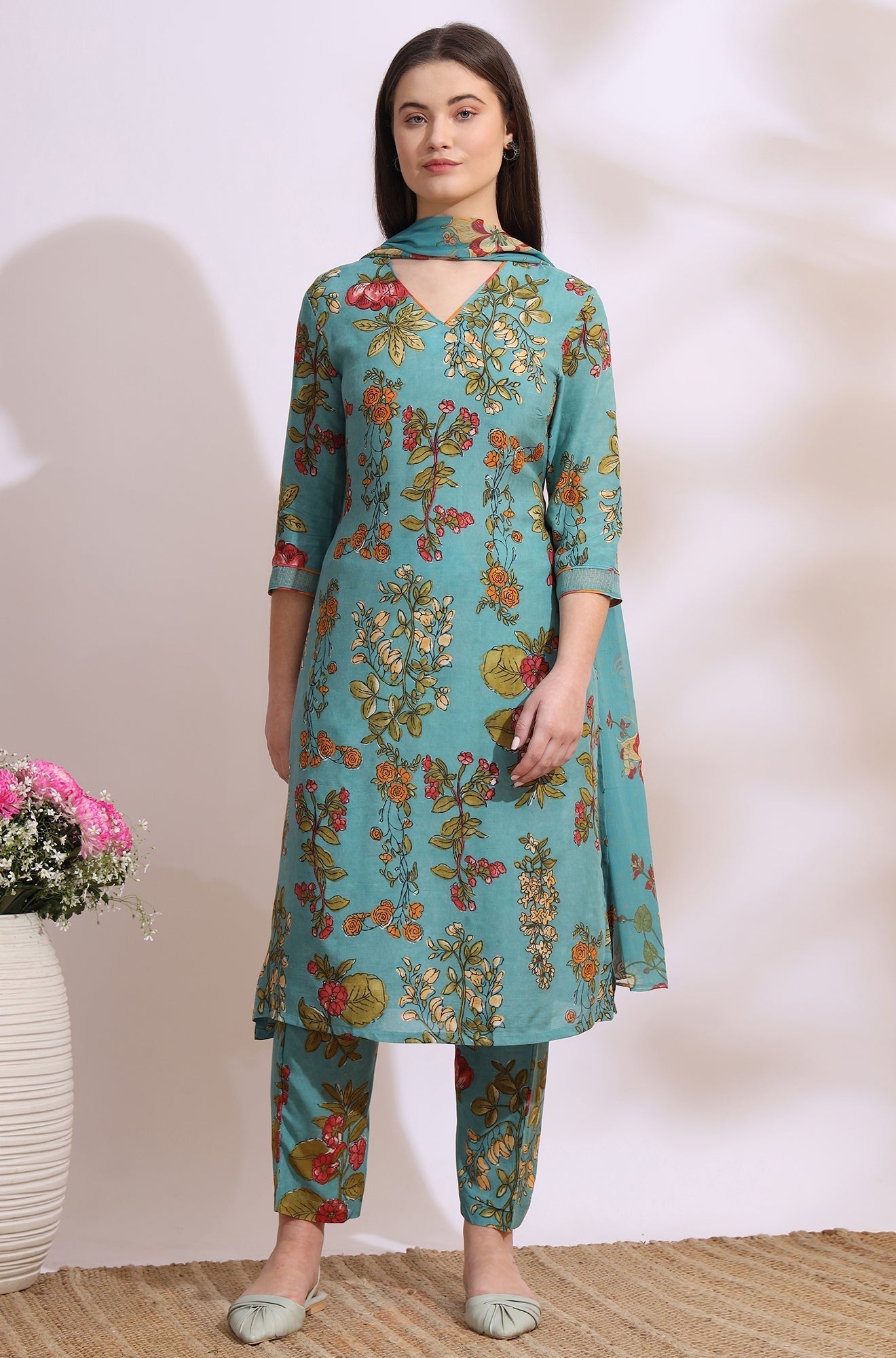 W for Woman Reef Blue Floral Printed Modal Straight Kurta, Pants and Dupatta Set
