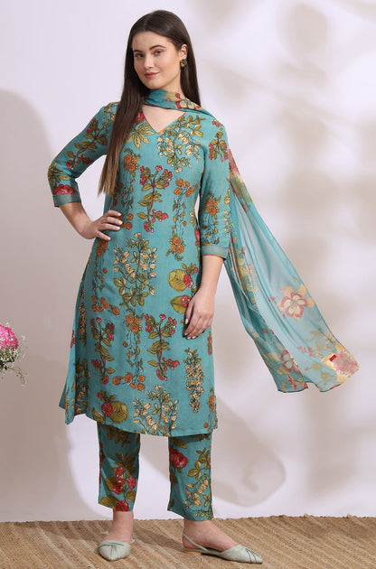 W for Woman Reef Blue Floral Printed Modal Straight Kurta, Pants and Dupatta Set