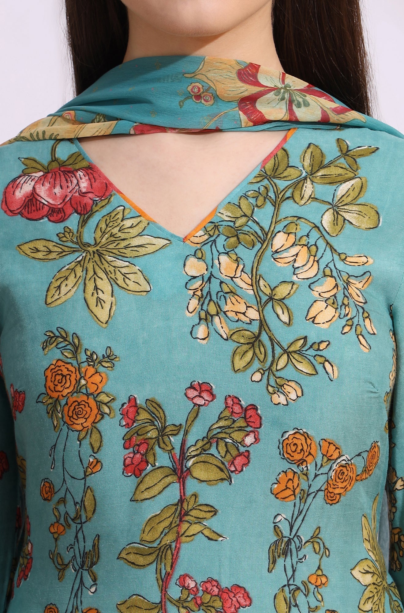 W for Woman Reef Blue Floral Printed Modal Straight Kurta, Pants and Dupatta Set