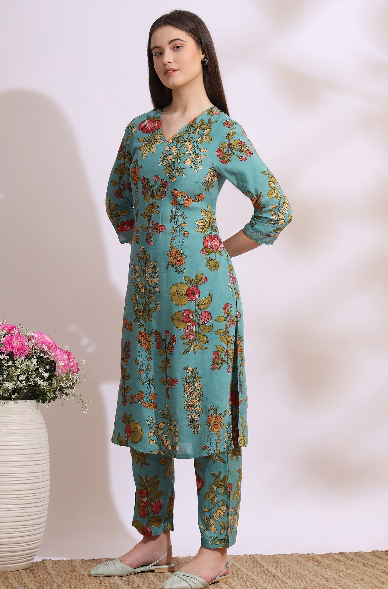 W for Woman Reef Blue Floral Printed Modal Straight Kurta, Pants and Dupatta Set