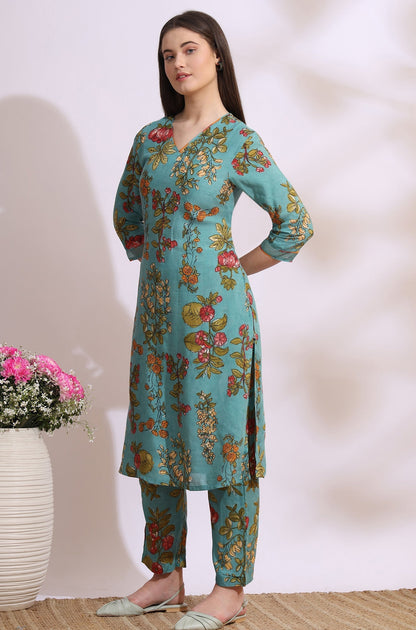 W for Woman Reef Blue Floral Printed Modal Straight Kurta, Pants and Dupatta Set