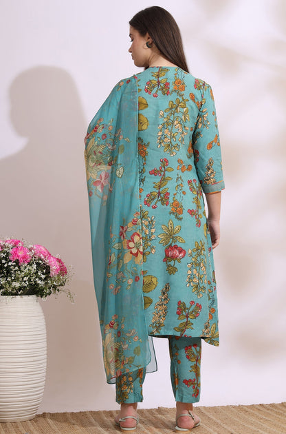 W for Woman Reef Blue Floral Printed Modal Straight Kurta, Pants and Dupatta Set