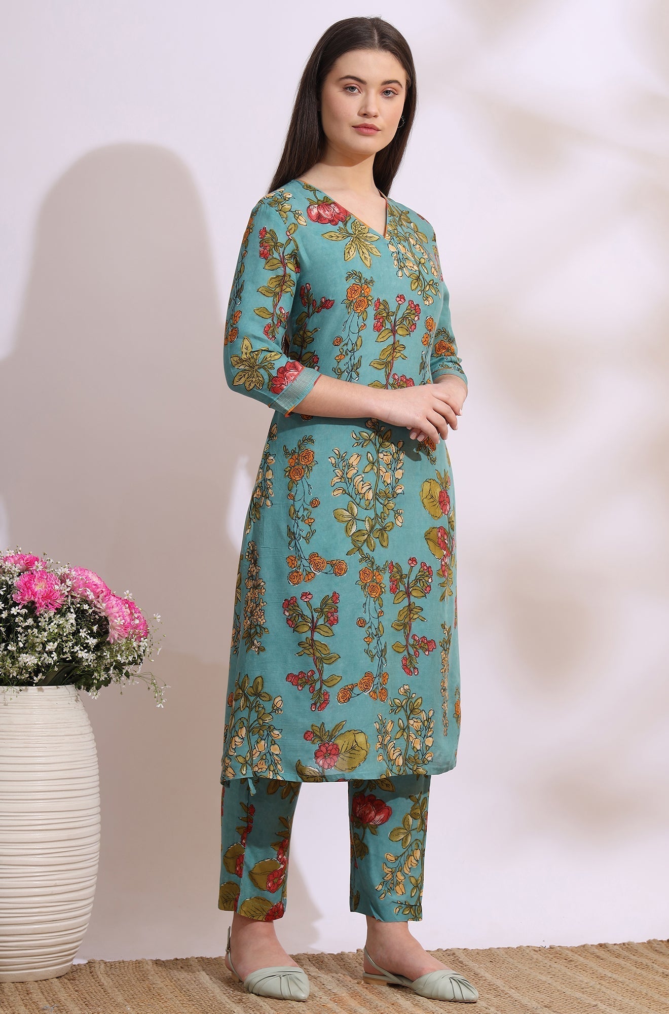 W for Woman Reef Blue Floral Printed Modal Straight Kurta, Pants and Dupatta Set