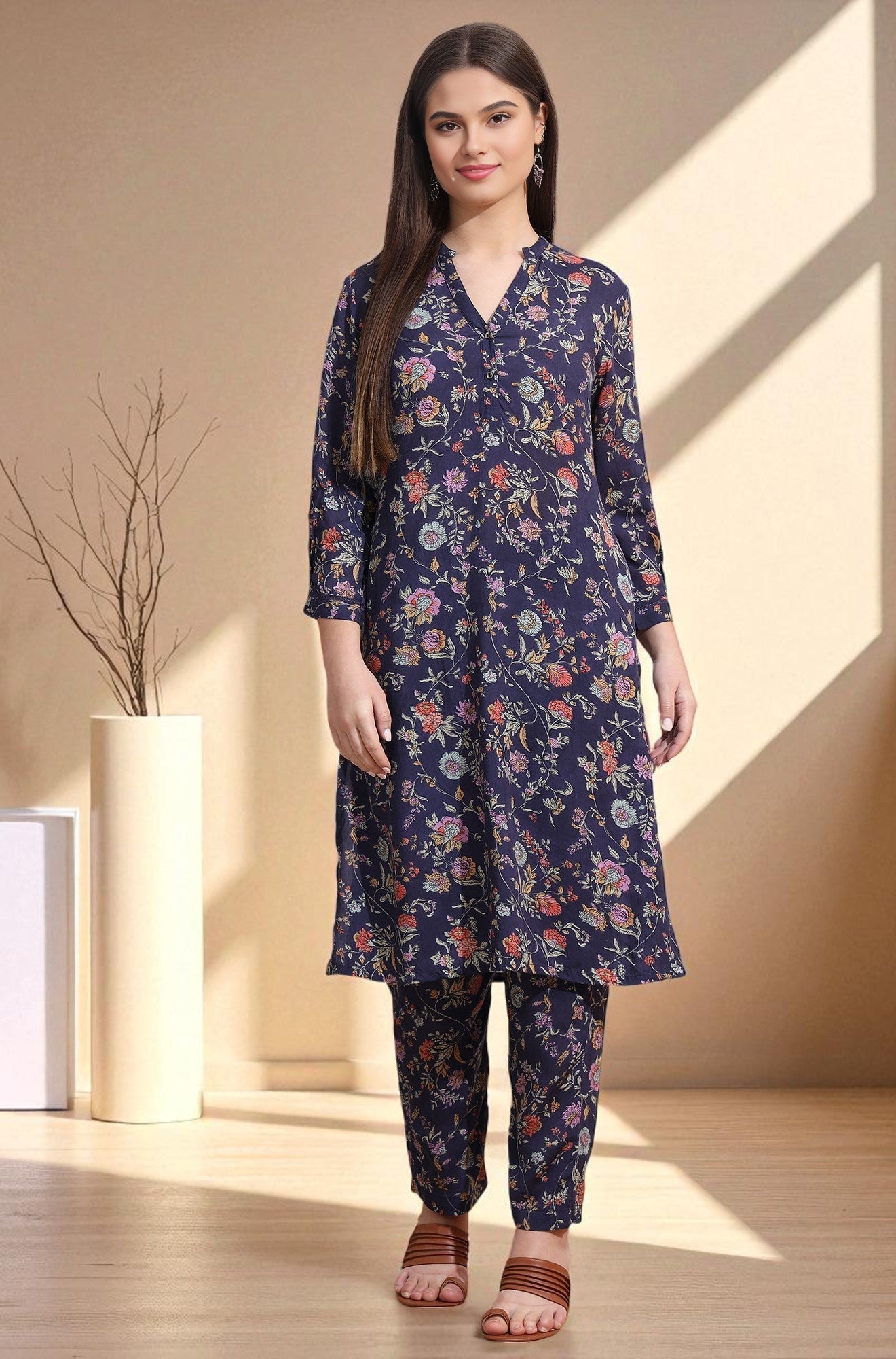 W for Woman Ink Grey Floral Printed Modal A-line Kurta and Pants Co-ord Set