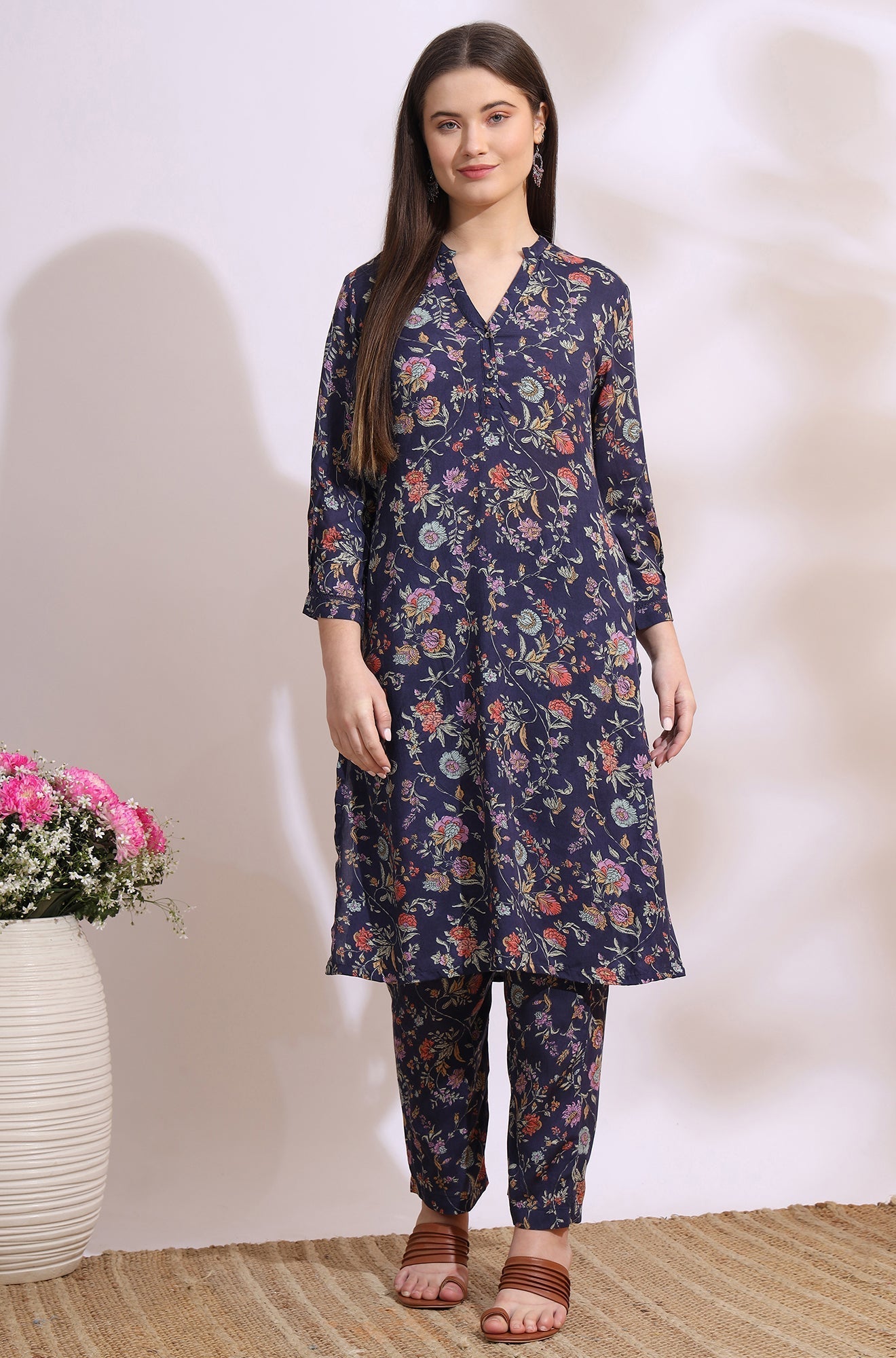 W for Woman Ink Grey Floral Printed Modal A-line Kurta and Pants Co-ord Set