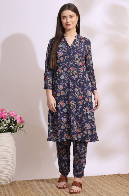 W for Woman Ink Grey Floral Printed Modal A-line Kurta and Pants Co-ord Set