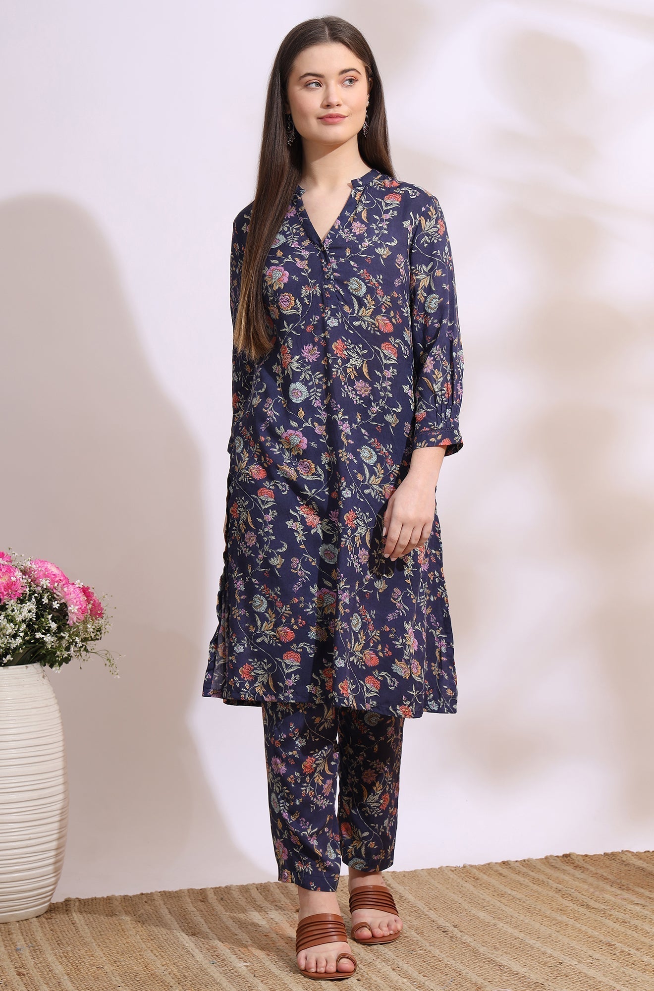 W for Woman Ink Grey Floral Printed Modal A-line Kurta and Pants Co-ord Set