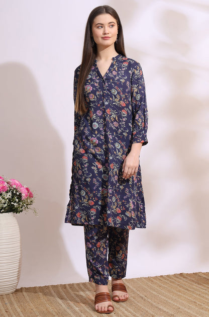 W for Woman Ink Grey Floral Printed Modal A-line Kurta and Pants Co-ord Set