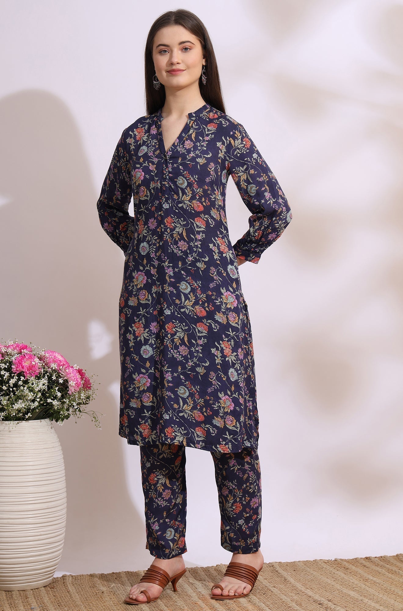 W for Woman Ink Grey Floral Printed Modal A-line Kurta and Pants Co-ord Set