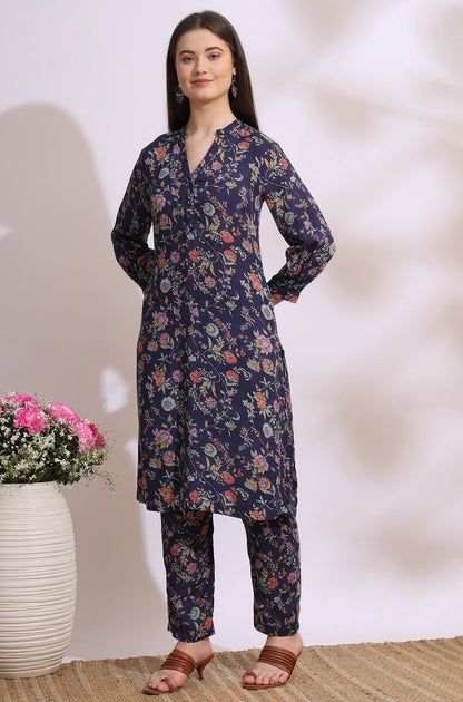 W for Woman Ink Grey Floral Printed Modal A-line Kurta and Pants Co-ord Set