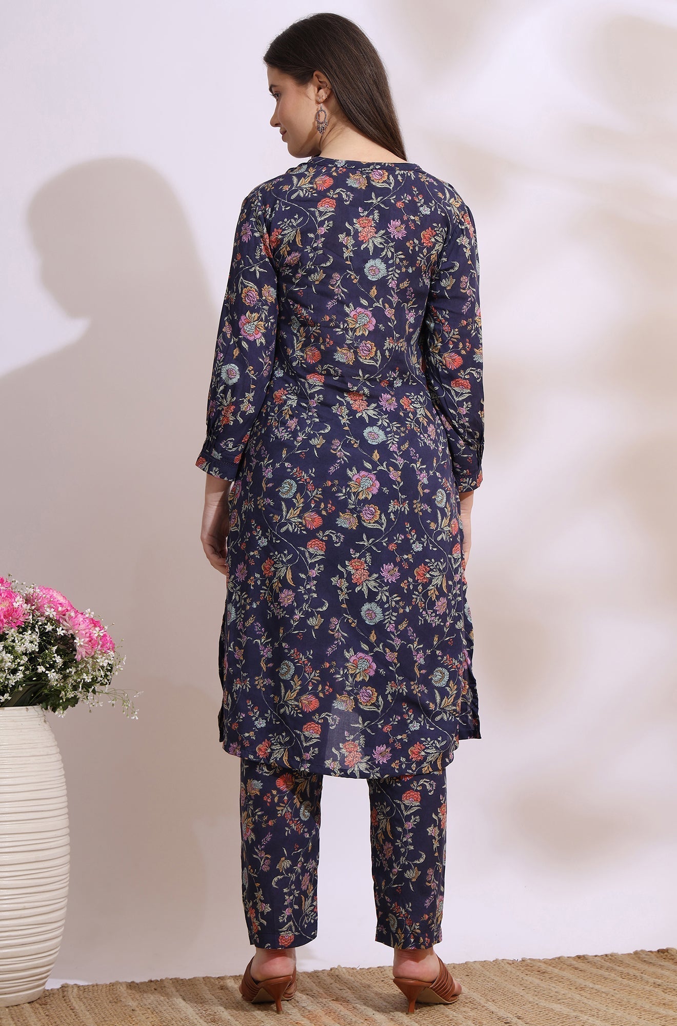 W for Woman Ink Grey Floral Printed Modal A-line Kurta and Pants Co-ord Set