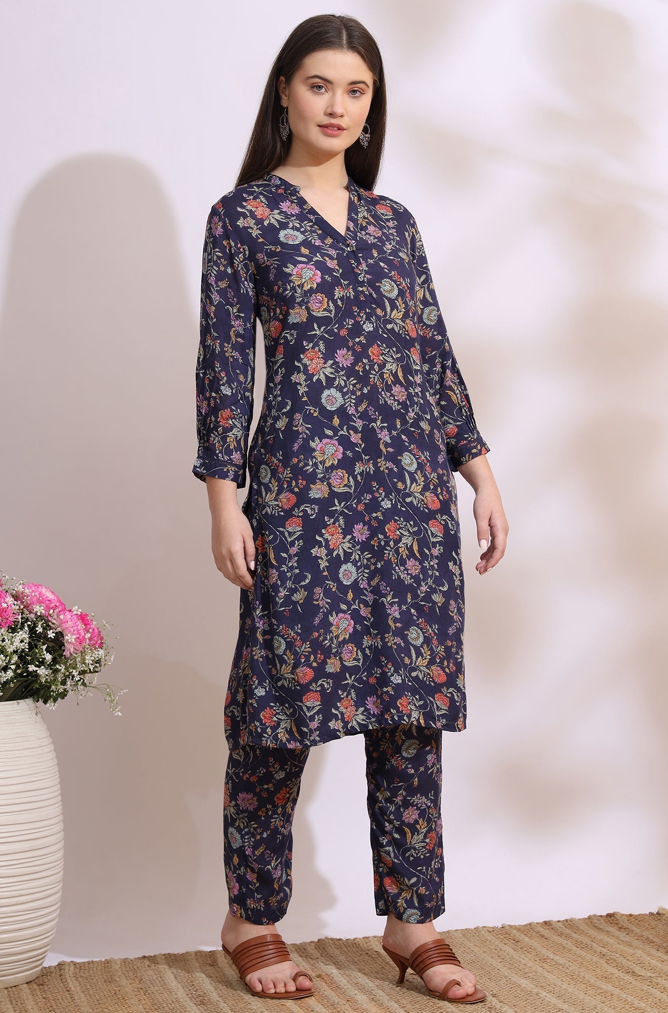 W for Woman Ink Grey Floral Printed Modal A-line Kurta and Pants Co-ord Set