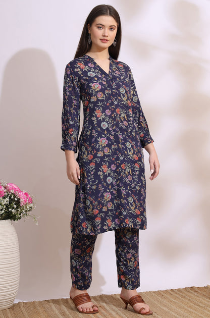 W for Woman Ink Grey Floral Printed Modal A-line Kurta and Pants Co-ord Set
