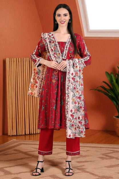 W for Woman Red Floral Printed Pure Cotton Flared Kurta and Pants Co-ord Set with Dupatta