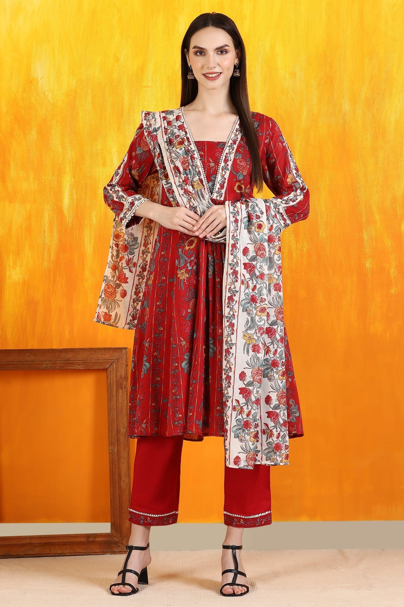 W for Woman Red Floral Printed Pure Cotton Flared Kurta and Pants Co-ord Set with Dupatta