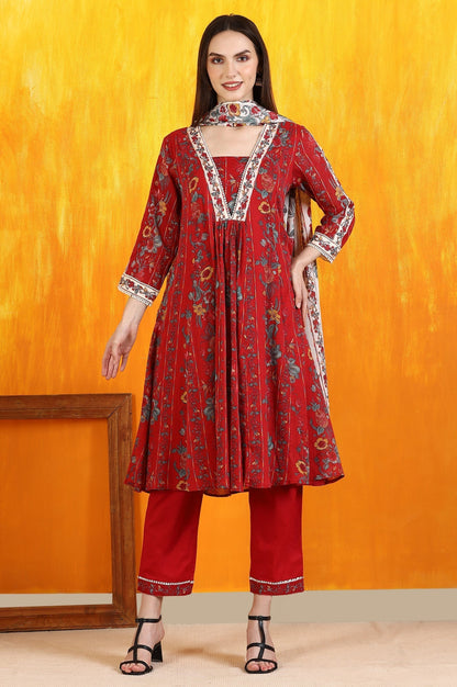 W for Woman Red Floral Printed Pure Cotton Flared Kurta and Pants Co-ord Set with Dupatta