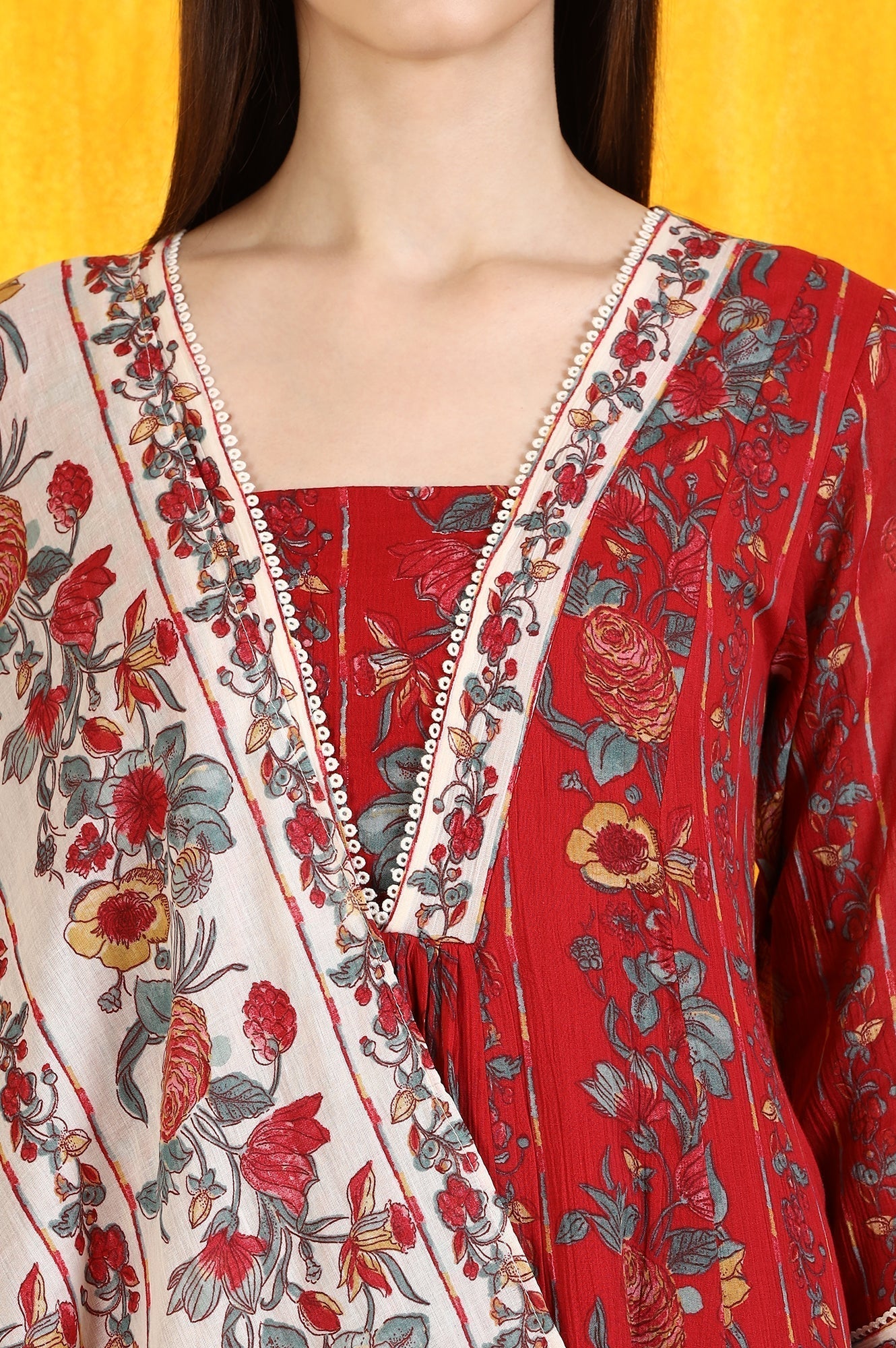 W for Woman Red Floral Printed Pure Cotton Flared Kurta and Pants Co-ord Set with Dupatta