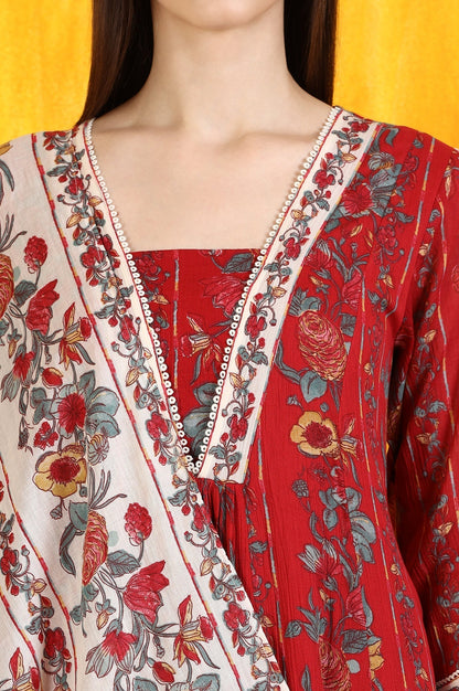 W for Woman Red Floral Printed Pure Cotton Flared Kurta and Pants Co-ord Set with Dupatta