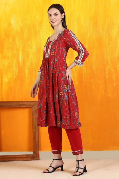 W for Woman Red Floral Printed Pure Cotton Flared Kurta and Pants Co-ord Set with Dupatta
