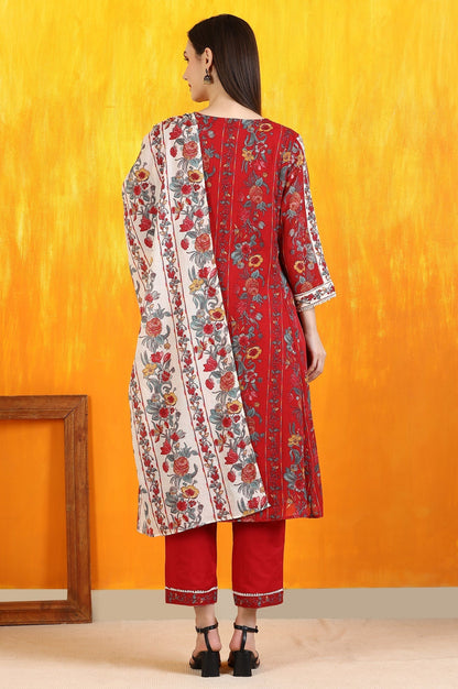 W for Woman Red Floral Printed Pure Cotton Flared Kurta and Pants Co-ord Set with Dupatta