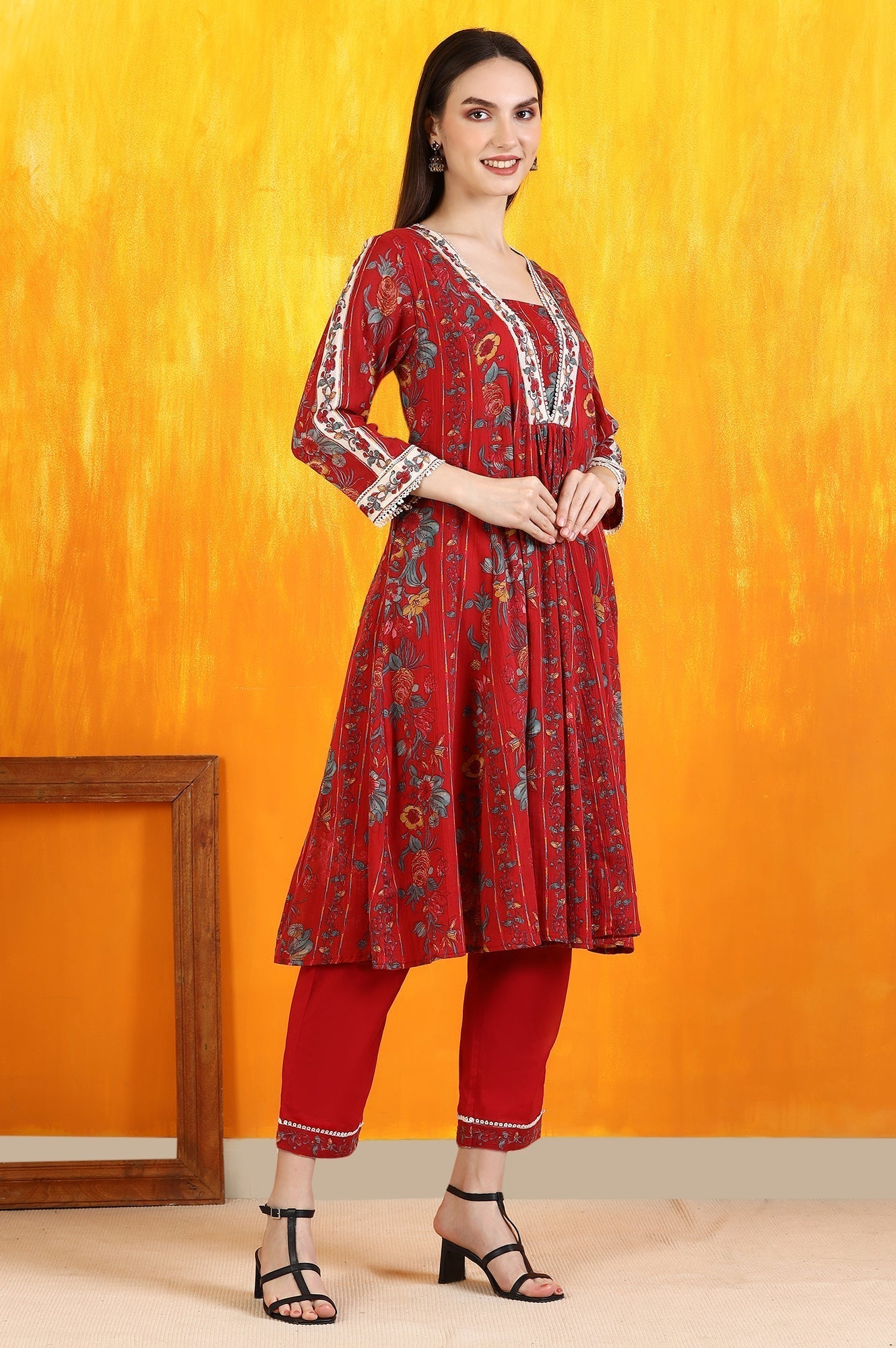 W for Woman Red Floral Printed Pure Cotton Flared Kurta and Pants Co-ord Set with Dupatta