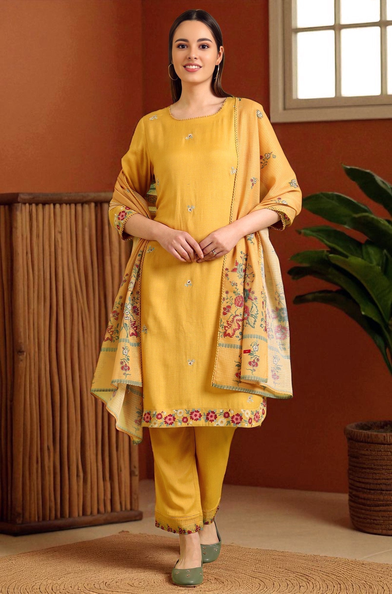 W for Woman Solid A-line Rayon Kurta & Straight Pant with Dupatta Set